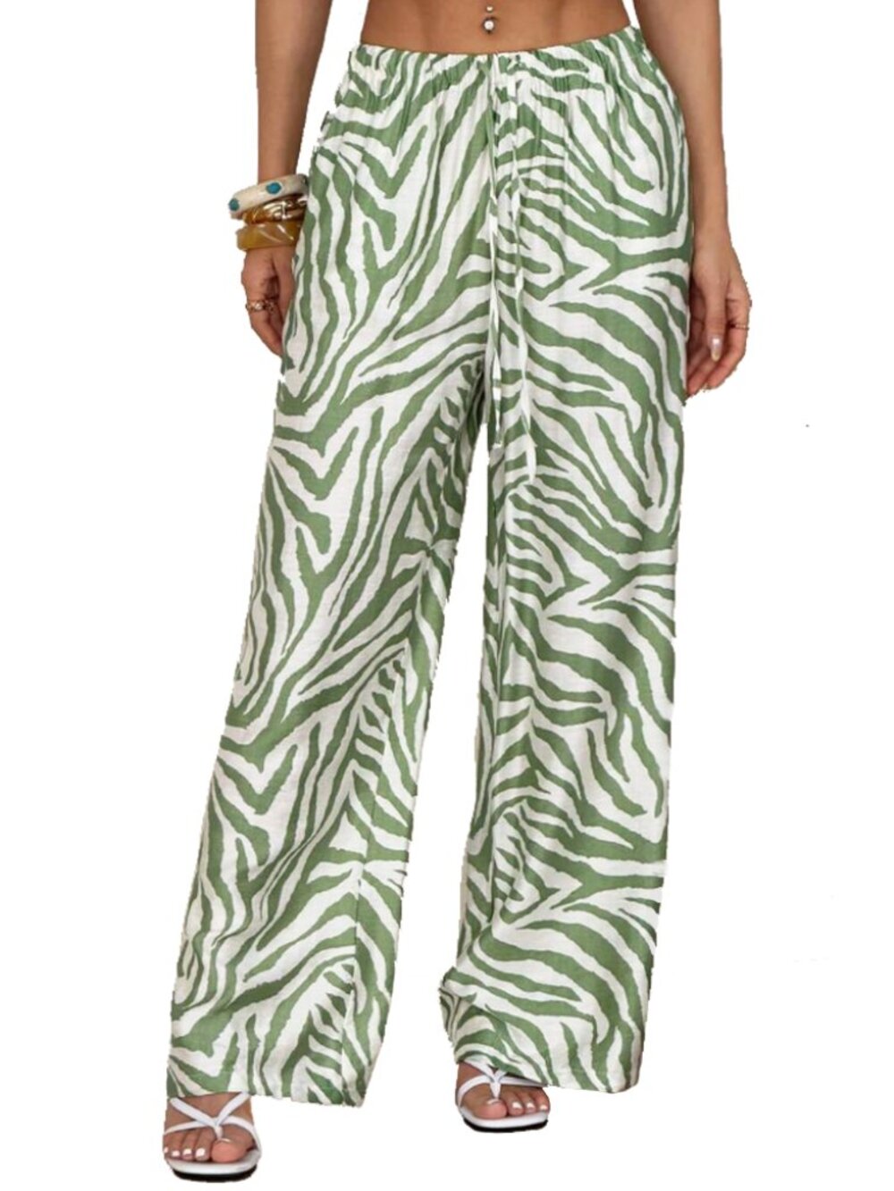 Green Zebra Stripe Wide Leg Drawstring Elastic Waist Pants Size S